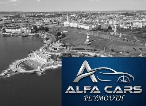 Airport transfers Black and white view of a coastal city with a logo for Alfa Cars Plymouth.